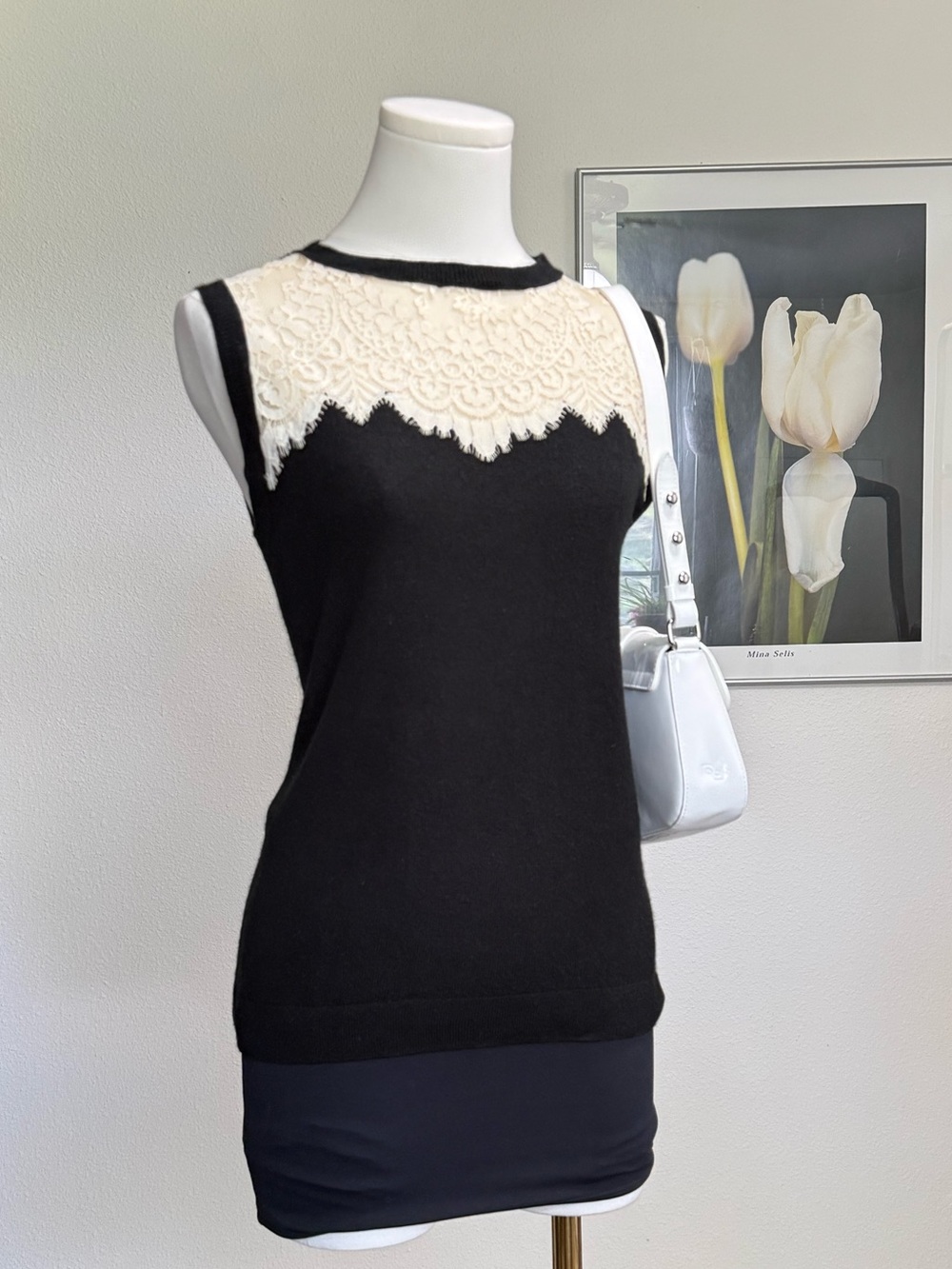 Robert Rodriguez Cashmere Silk Blend Sweater Vest Lace Trim Feminine Retro Twee
